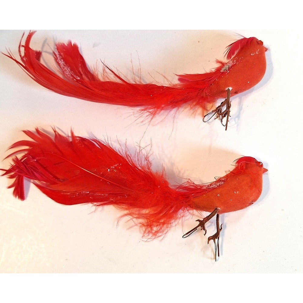 Vintage Red Cardinal Bird Floral Picks Glitter Feather Christmas Decor Set of 2